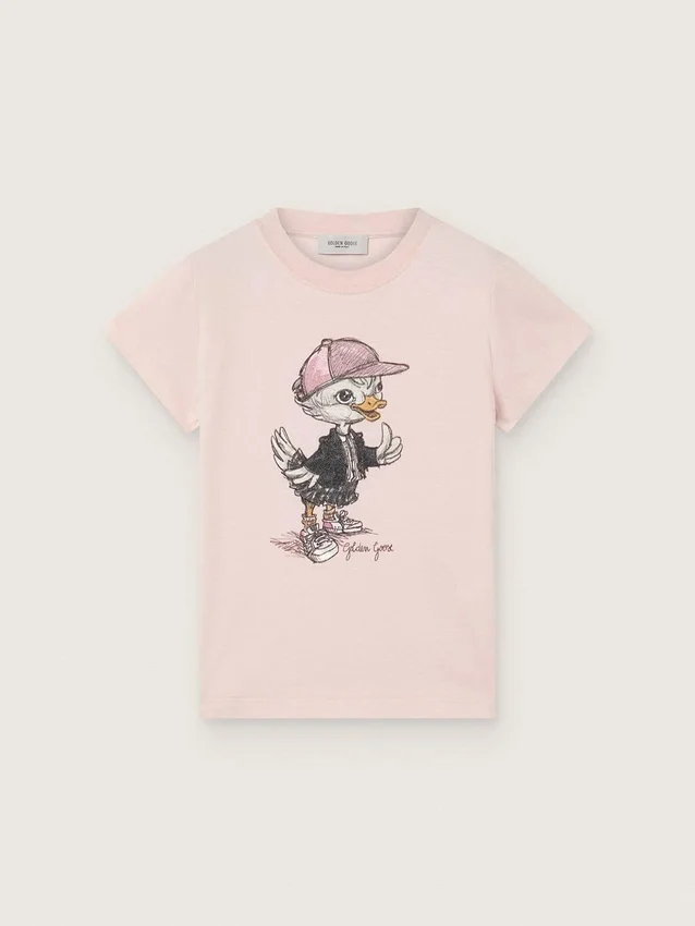 Maglietta Journey da bambina in jersey di cotone rosa con stampa digitale della mascotte