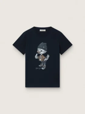 Maglietta Journey da bambino in jersey di cotone blu con stampa digitale della mascotte