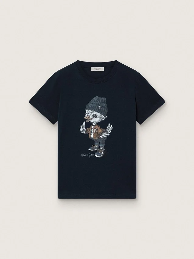 Maglietta Journey da bambino in jersey di cotone blu con stampa digitale della mascotte