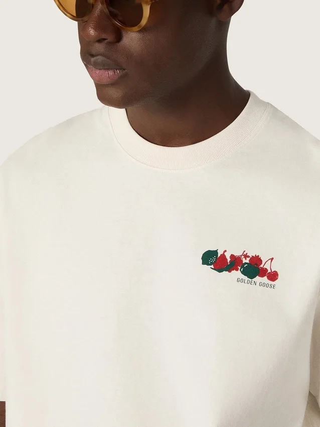 Maglietta unisex da resort in cotone bianco con stampa e logo