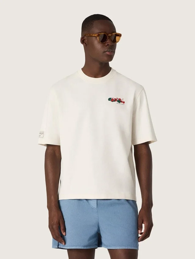 Maglietta unisex da resort in cotone bianco con stampa e logo
