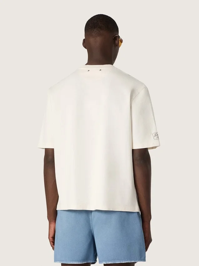 Maglietta unisex da resort in cotone bianco con stampa e logo