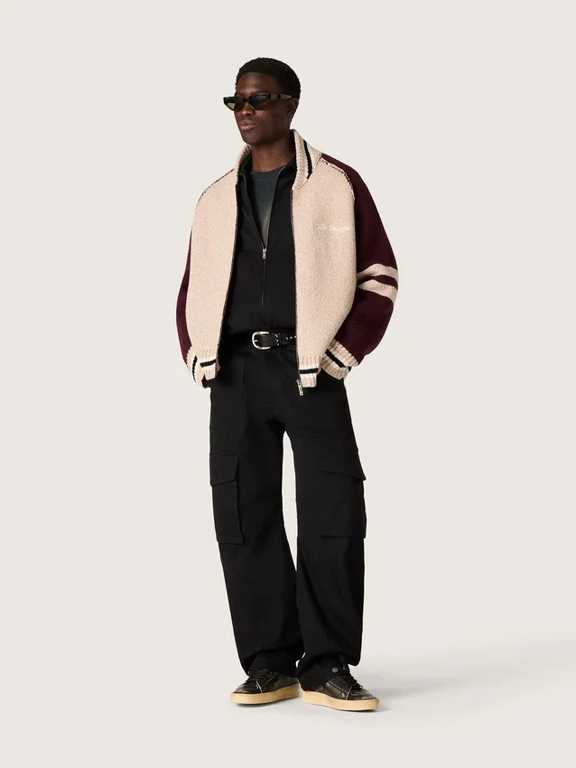 Giacca bomber unisex in maglia jacquard bianca e bordeaux