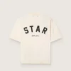 Maglietta unisex Star in cotone bianco vintage con stampa nera sul retro