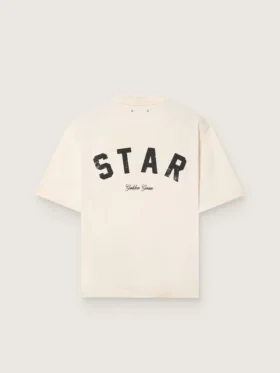 Maglietta unisex Star in cotone bianco vintage con stampa nera sul retro