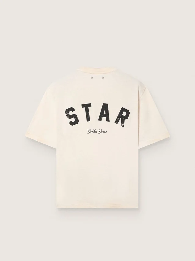 Maglietta unisex Star in cotone bianco vintage con stampa nera sul retro