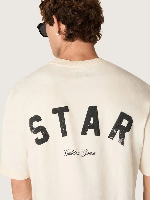 Maglietta unisex Star in cotone bianco vintage con stampa nera sul retro
