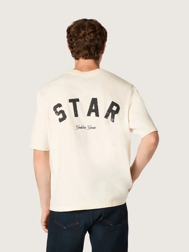 Maglietta unisex Star in cotone bianco vintage con stampa nera sul retro