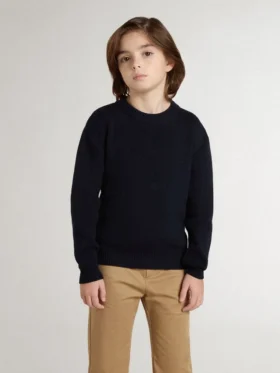 Maglione blu da bambino a girocollo con scritta “Golden” sul retro