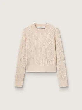 Maglione corto a girocollo in lana beige con cristalli su tutta la superficie