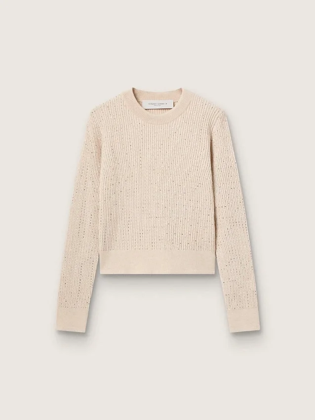 Maglione corto a girocollo in lana beige con cristalli su tutta la superficie