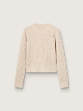 Maglione corto a girocollo in lana beige con cristalli su tutta la superficie