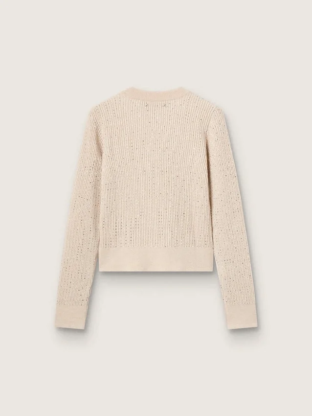 Maglione corto a girocollo in lana beige con cristalli su tutta la superficie
