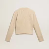Maglione corto a girocollo in lana beige con cristalli su tutta la superficie