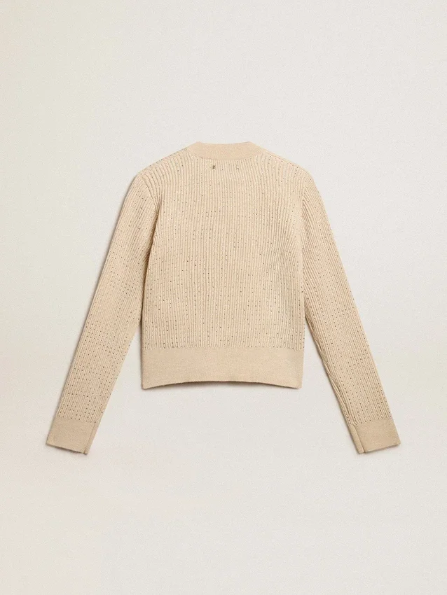 Maglione corto a girocollo in lana beige con cristalli su tutta la superficie