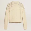 Maglione corto da donna effetto "worn-white" con cristalli decorativi