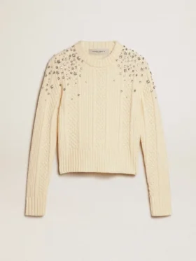 Maglione corto da donna effetto "worn-white" con cristalli decorativi