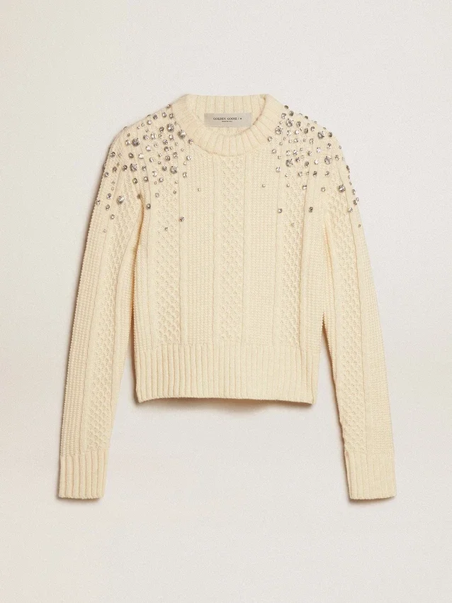 Maglione corto da donna effetto "worn-white" con cristalli decorativi