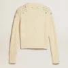 Maglione corto da donna effetto "worn-white" con cristalli decorativi