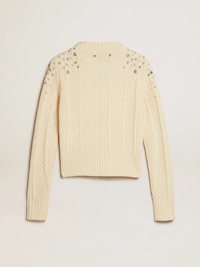 Maglione corto da donna effetto "worn-white" con cristalli decorativi