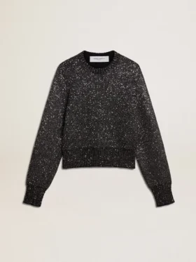 Maglione corto da donna in misto lana nero con paillettes su tutta la superficie