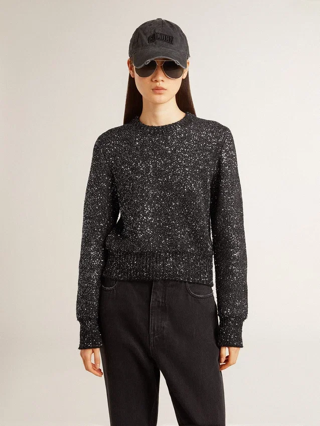 Maglione corto da donna in misto lana nero con paillettes su tutta la superficie