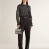 Maglione corto da donna in misto lana nero con paillettes su tutta la superficie