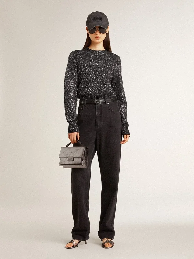 Maglione corto da donna in misto lana nero con paillettes su tutta la superficie