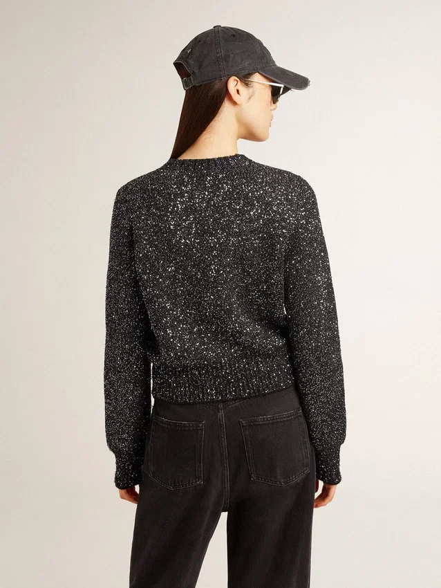 Maglione corto da donna in misto lana nero con paillettes su tutta la superficie