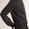 Maglione corto da donna in misto lana nero con paillettes su tutta la superficie