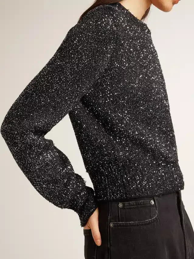 Maglione corto da donna in misto lana nero con paillettes su tutta la superficie