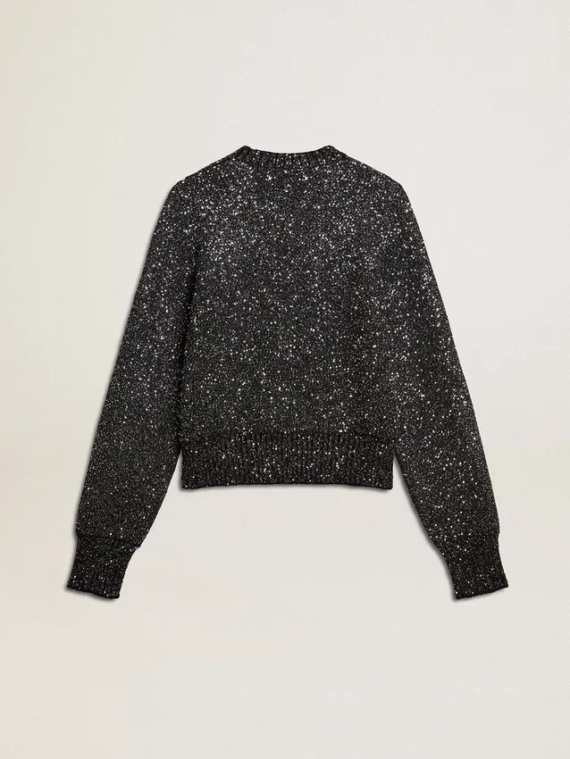 Maglione corto da donna in misto lana nero con paillettes su tutta la superficie