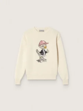 Maglione da bambina Golden in filato di cotone bianco con ricamo della mascotte