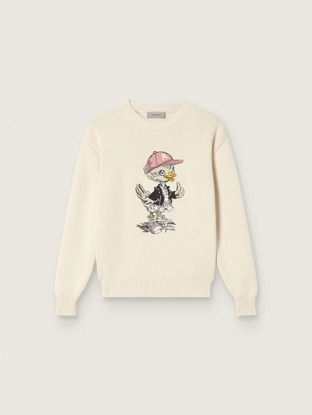 Maglione da bambina Golden in filato di cotone bianco con ricamo della mascotte