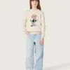 Maglione da bambina Golden in filato di cotone bianco con ricamo della mascotte