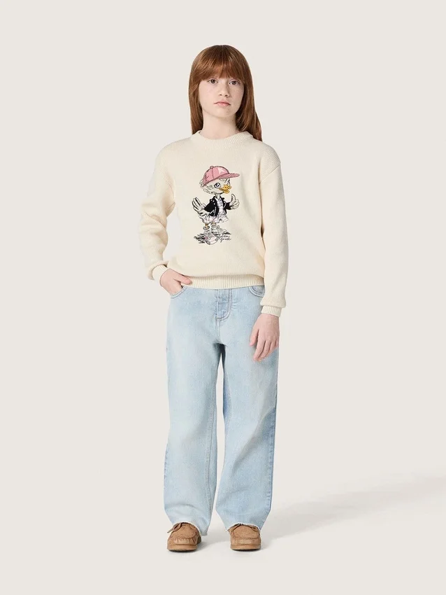 Maglione da bambina Golden in filato di cotone bianco con ricamo della mascotte