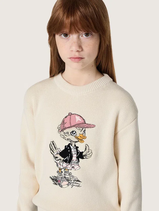 Maglione da bambina Golden in filato di cotone bianco con ricamo della mascotte