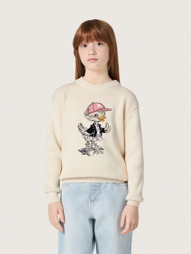 Maglione da bambina Golden in filato di cotone bianco con ricamo della mascotte