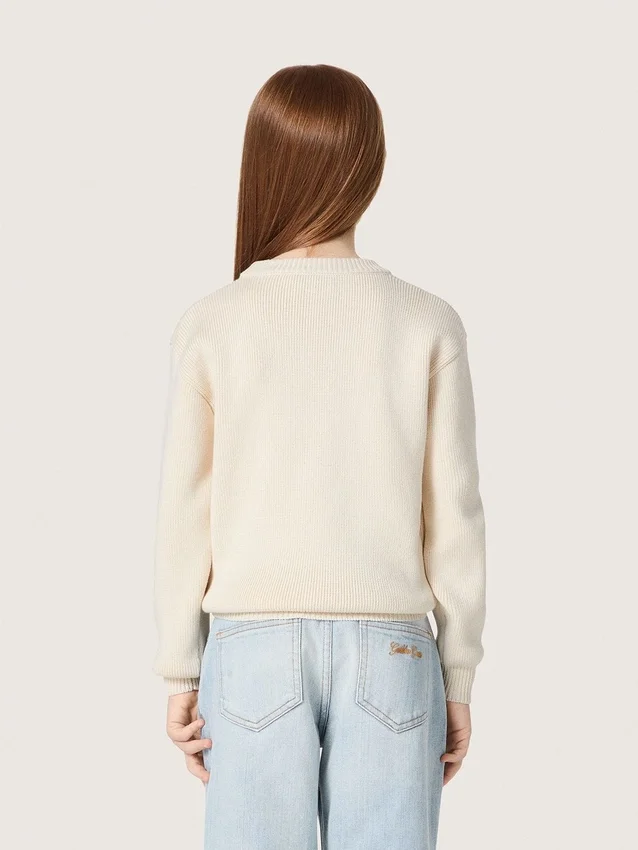 Maglione da bambina Golden in filato di cotone bianco con ricamo della mascotte