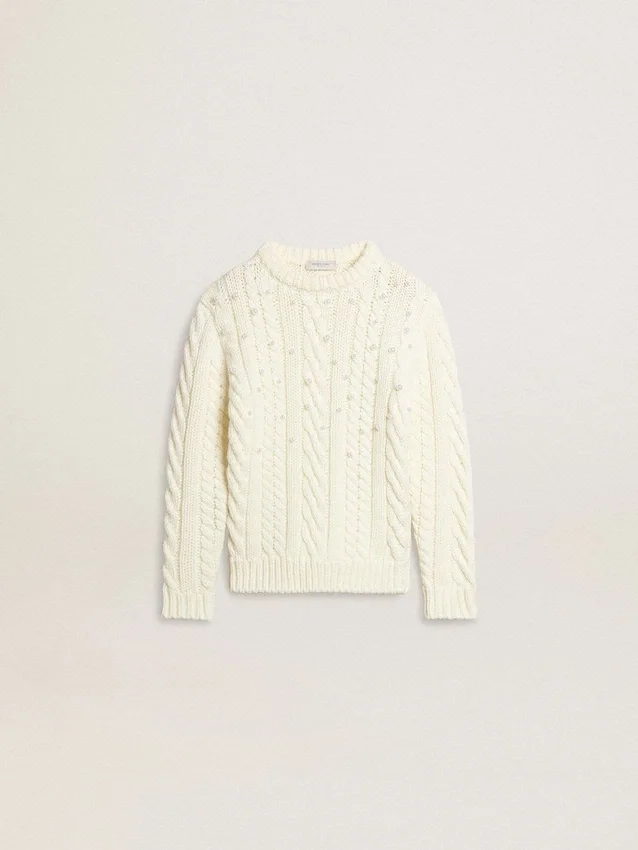 Maglione da bambina in lana bianca con perle