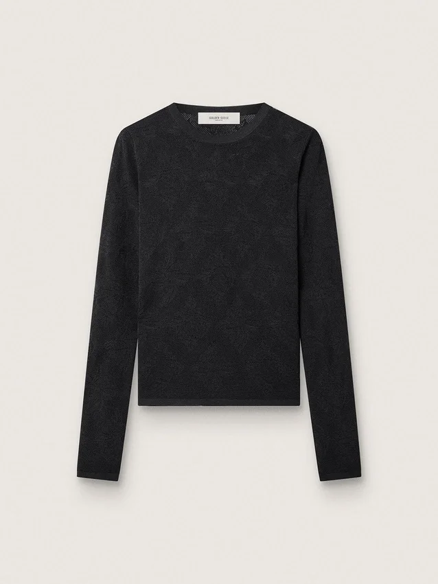 Maglione da donna a girocollo con motivo jacquard floreale nero