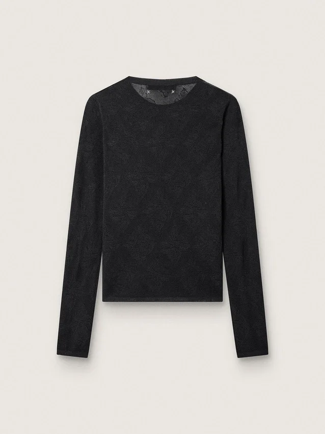 Maglione da donna a girocollo con motivo jacquard floreale nero