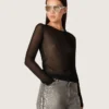 Maglione da donna a girocollo con motivo jacquard floreale nero