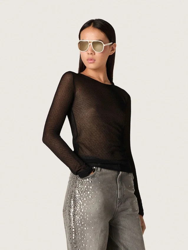 Maglione da donna a girocollo con motivo jacquard floreale nero