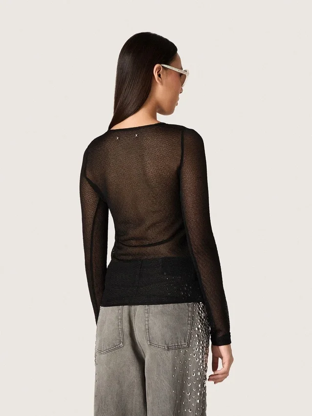 Maglione da donna a girocollo con motivo jacquard floreale nero