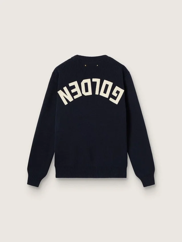Maglione da donna a girocollo in cotone blu scuro con logo sul retro