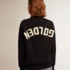 Maglione da donna a girocollo in cotone blu scuro con logo sul retro