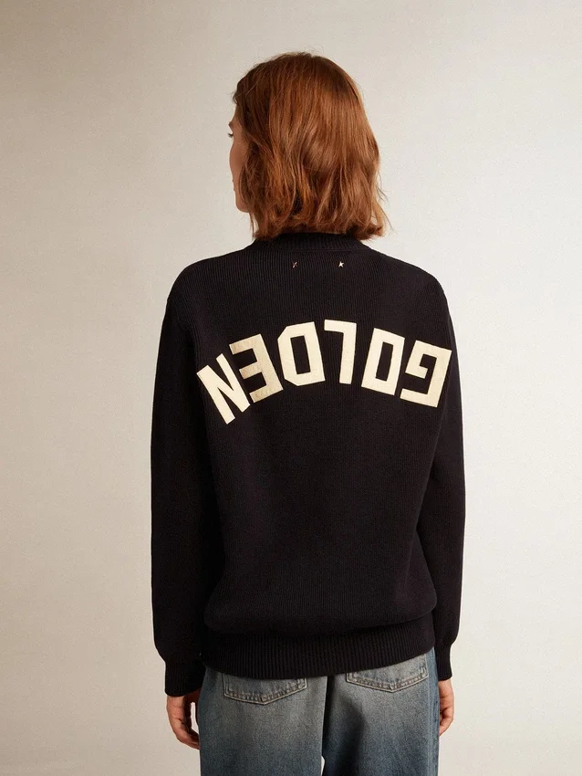 Maglione da donna a girocollo in cotone blu scuro con logo sul retro