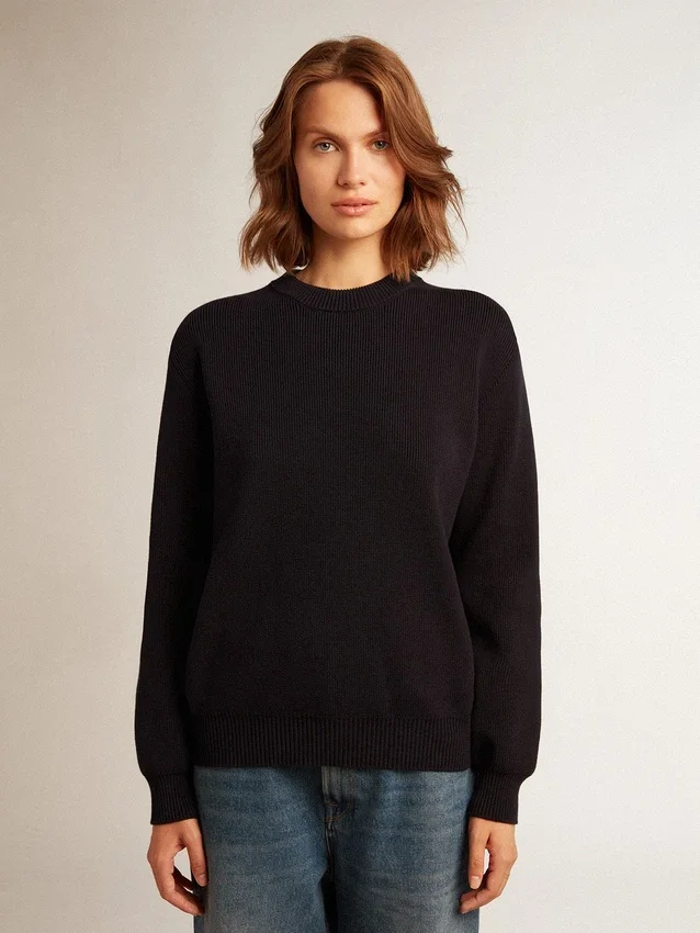Maglione da donna a girocollo in cotone blu scuro con logo sul retro