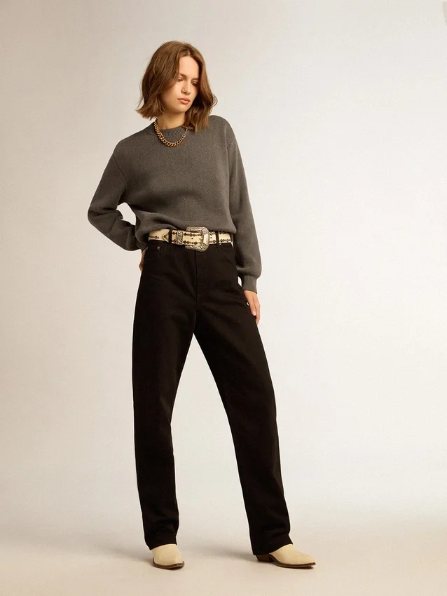 Maglione da donna a girocollo in cotone grigio scuro con logo sul retro